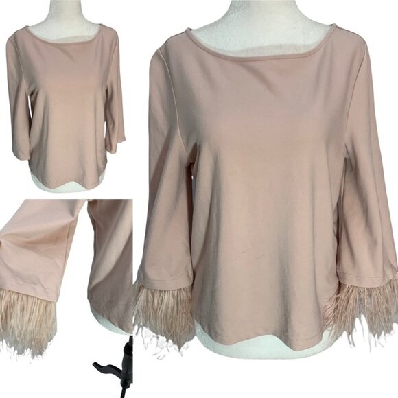 𝅺halogen Removable Feather Ostrich Sleeve Trim Ponte Top Blush Sz S - Picture 2 of 11